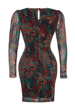 TRENDYOLMILLA Siyah Bask?l? Tul Buzgu/Drape Detayl? Vucuda Oturan V Yaka Mini Orme Kalem Elbise TWOAW24EL00548  фото 7