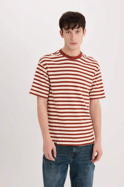 Comfort Regular Fit Rahat Kal?p Bisiklet Yaka Cizgili K?sa Kollu Ag?r Kumas Tisort - Defacto фото 12