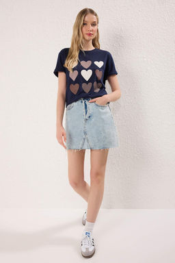 TRENDYOLMILLA Vizon Slogan Bask?l? Regular/Normal Kal?p Orme T-Shirt TWOSS25TS00191