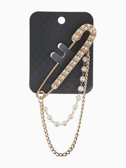 Булавка «Шик цепочки и жемчуга», в стразах, L=7.5 см, белая в золоте