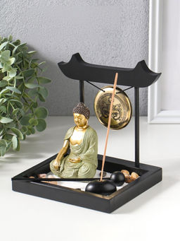 Сад Дзен "Будда в зелёном у гонга" песок+камни+аромапалочки 13,2х15х16 см