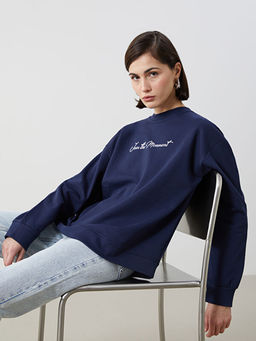 Bisiklet Yaka Bask?l? Kad?n Sweatshirt