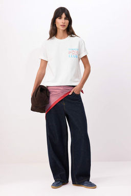 Ekru Bask?l? Oversize/Genis Kal?p K?sa Kollu %100 Pamuk Orme T-Shirt TWOSS26TS00116 - Trendyolmilla фото 6