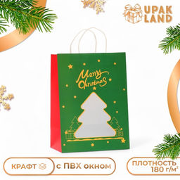Цена за 12 шт. Пакет подарочный новогодний крафт, с окном Ёлка 30?22?14 см