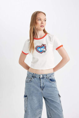 Облегающая футболка Cool Hello Kitty в рубчик с круглым вырезом и короткими рукавами - Defacto фото 8