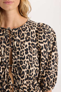 Прилегающая блузка из поплина с длинными рукавами и круглым вырезом с леопардовым узором и завязкой спереди - Defacto фото 5