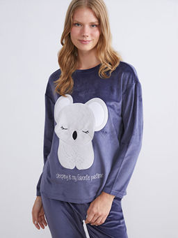 Bisiklet Yaka Nak??l? Uzun Kollu Kadife Kad?n Pijama Tak?m?