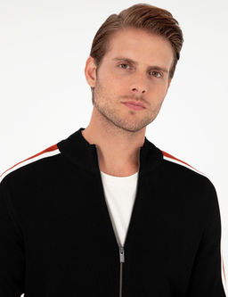 Siyah Slim Fit Y_n Kar___ml_ Fermuarl_ Triko H_rka