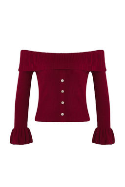 Bordo Fitted/Vucuda Oturan Carmen Yaka Fitilli Triko Kazak TWOAW26KZ00010 - Trendyolmilla фото 5
