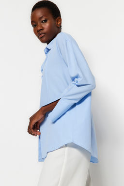 Ac?k Mavi Nervur Detayl? Kollar? Y?rtmacl? Oversize Genis Kesim Dokuma Gomlek TWOAW24GO00152 - Trendyolmilla фото 4
