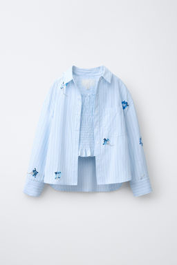 CAMISA Y TOP RAYAS FLORES LENTEJUELAS / Azul