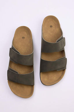 Haki Nubuk C?rt Bantl? Erkek Duz Taban Terlik TAKSS25TE00034