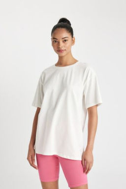 DeFactoFit Oversize Bisiklet Yaka Bask?l? Sporcu Basic Duz K?sa Kollu Tisort