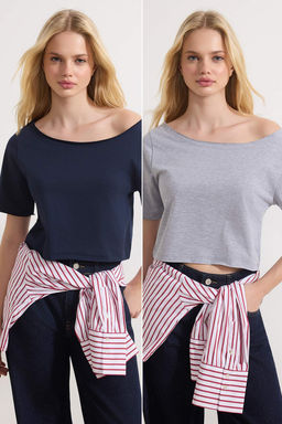 Lacivert-Gri Melanj 2li Paket %100 Pamuk Asimetrik Kay?k Yaka Crop Orme T-Shirt TWOSS25TS00194