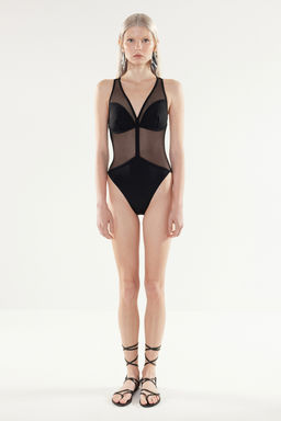 TRENDYOLMILLA Siyah Derin V Yaka Mesh Detayl? Brazillian Mayo TBESS24MA00166 фото 3