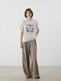 Bisiklet Yaka Mickey Mouse Bask?l? Kad?n Ti??rt