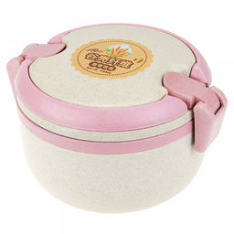 Ланч-бокс для продуктов пластмассовый Эко дом д13,8см h10см, 2 уровня: 0,15л д13,8см h2,1см; 0,6л, д13,7см h6,7см, с ложкой 13см, бежевый, с цветными клипсами и ручками, цвета в ассортименте: фисташковый, розовый (Китай) Пластик с добавлением пшени