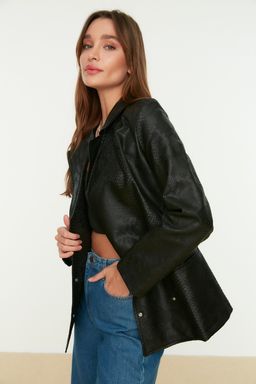 Siyah Suni Deri Oversize Cep Detayl? Dokuma Ceket TWOAW22CE0633 - Trendyolmilla фото 2
