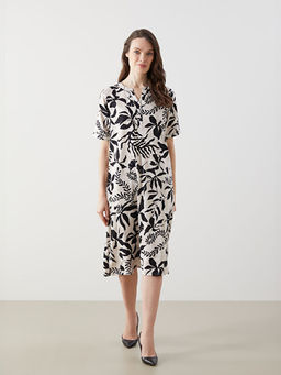 Ka??k Yaka ?i?ekli Keten Kar???ml? Elbise