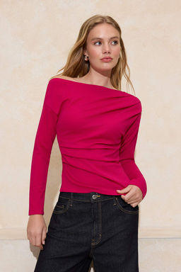 Fusya Buzgu/Drape Detayl? Dokumlu Asimetrik Yaka Orme Bluz TWOAW26BZ00138