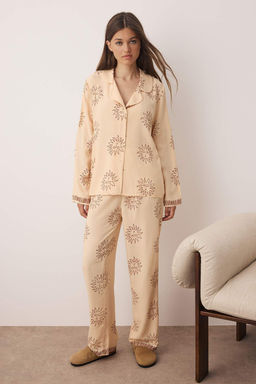 Koyu Bej Gunes Desenli Viskon Dokuma Pijama Tak?m? THMAW25PT00034