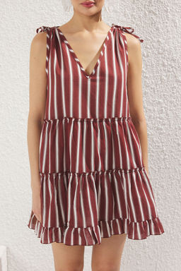 TRENDYOLMILLA Sar? Genis Kal?p Dokuma %100 Pamuk F?rf?rl? Mini Plaj Elbisesi TBESS21EL1247  фото 18