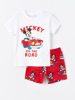 Bisiklet Yaka K?sa Kollu Mickey Mouse Bask?l? Erkek Bebek ?ortlu Pijama Tak?m?