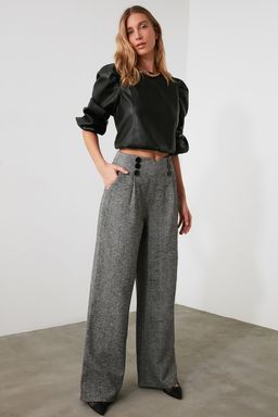 Gri Dugme Detayl? Wide Leg Dokuma Pantolon TWOAW21PL0492 Palazzo