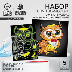 Набор для творчества: лунная гравюра детская и аппликация пайетками «Сова»