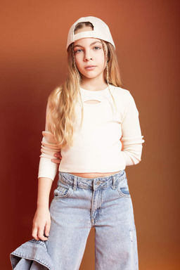 Облегающая футболка с круглым вырезом и длинными рукавами в рубчик для девочек