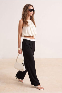 Siyah Wide Leg Bel Boxer Detayl_ Dokuma Kuma_ Pantolon TWOAW24PL00273
