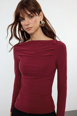 Bordo Kay?k Yaka Drapeli Vucuda Oturan Esnek Orme Bluz TWOAW25BZ00109