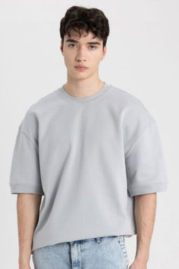 Loose Fit Bisiklet Yaka Bask?l? Ag?r Kumas K?sa Kollu Tisort