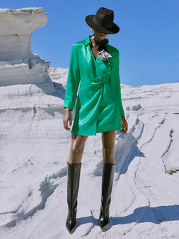 D?z Uzun Kollu Saten Kad?n G?mlek Elbise