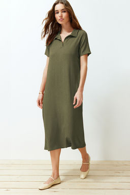 Haki Polo Yaka K?sa Kol Midi Burumcuk/Dokulu Orme Elbise TWOSS24EL00478