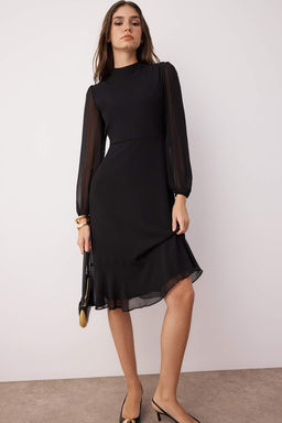 Siyah A Kesim Dik Yakal? Midi Astarl? Sifon Dokuma K?sl?k Elbise TWOAW20EL1313