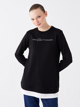 Bisiklet Yaka Bask?l? Uzun Kollu Kad?n Sweatshirt Tunik