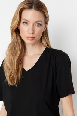 Siyah %100 Pamuk Boyfriend V Yaka Orme T-Shirt TWOSS23TS00003