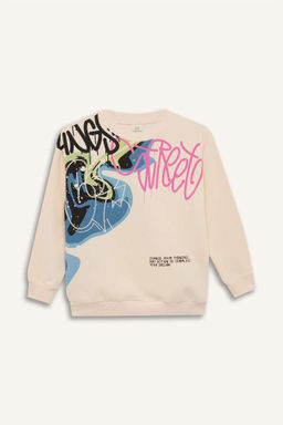 Толстовка оверсайз с широким вырезом и принтом для мальчиков - Defacto фото 7