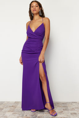 TRENDYOLMILLA Mor S?rt Biye Detayl? Dokuma Uzun S?k Abiye Elbise TPRSS22AE0012