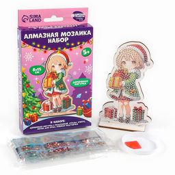 Алмазная мозаика на новый год для детей на деревянной фигурке Милая девочка, 8?15 см, набор для творчества