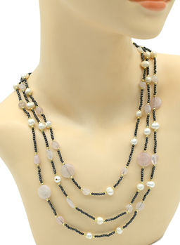 Колье с жемчугом и розовым кварцем 3 нити, 53см