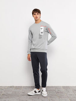 Bisiklet Yaka Uzun Kollu Bask?l? Erkek Sweatshirt