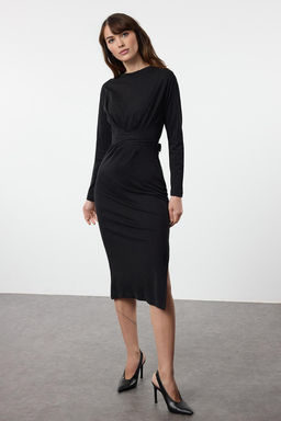 TRENDYOLMILLA Siyah %100 Pamuk Baglama Detayl? Vucuda Oturan Midi Orme Elbise TWOAW25EL00506  фото 2