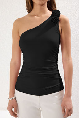 Trendyolmilla Pudra Tek Kol Aksesuar Gul Detayl? Vucuda Oturan Esnek Orme Bluz TWOSS25BZ00145  фото 7