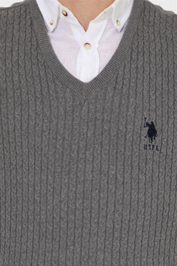 U. S. Polo Assn Мужской серый меланжевый базовый трикотажный свитер с v-образным вырезом - U.s. polo assn фото 12