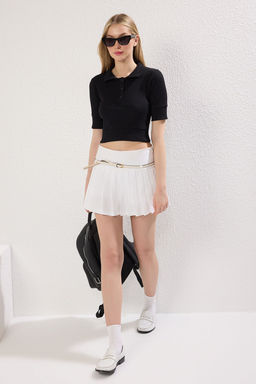 Trendyolmilla Siyah Polo Yaka Crop Fitilli Esnek Orme Bluz TWOSS25BZ00290  фото 5