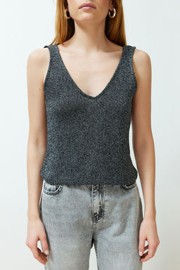 Gri Ince Basic V-Yaka Triko Bluz TWOSS23BZ00678 - Trendyolmilla фото 4