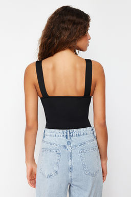 Siyah Fitted/Vucuda Oturan S?rt? Detayl? Kare Yaka C?tc?tl? Esnek Orme Body TWOSS24BD00026