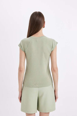 Базовая футболка в рубчик с короткими рукавами приталенного кроя с круглым вырезом - Defacto фото 6